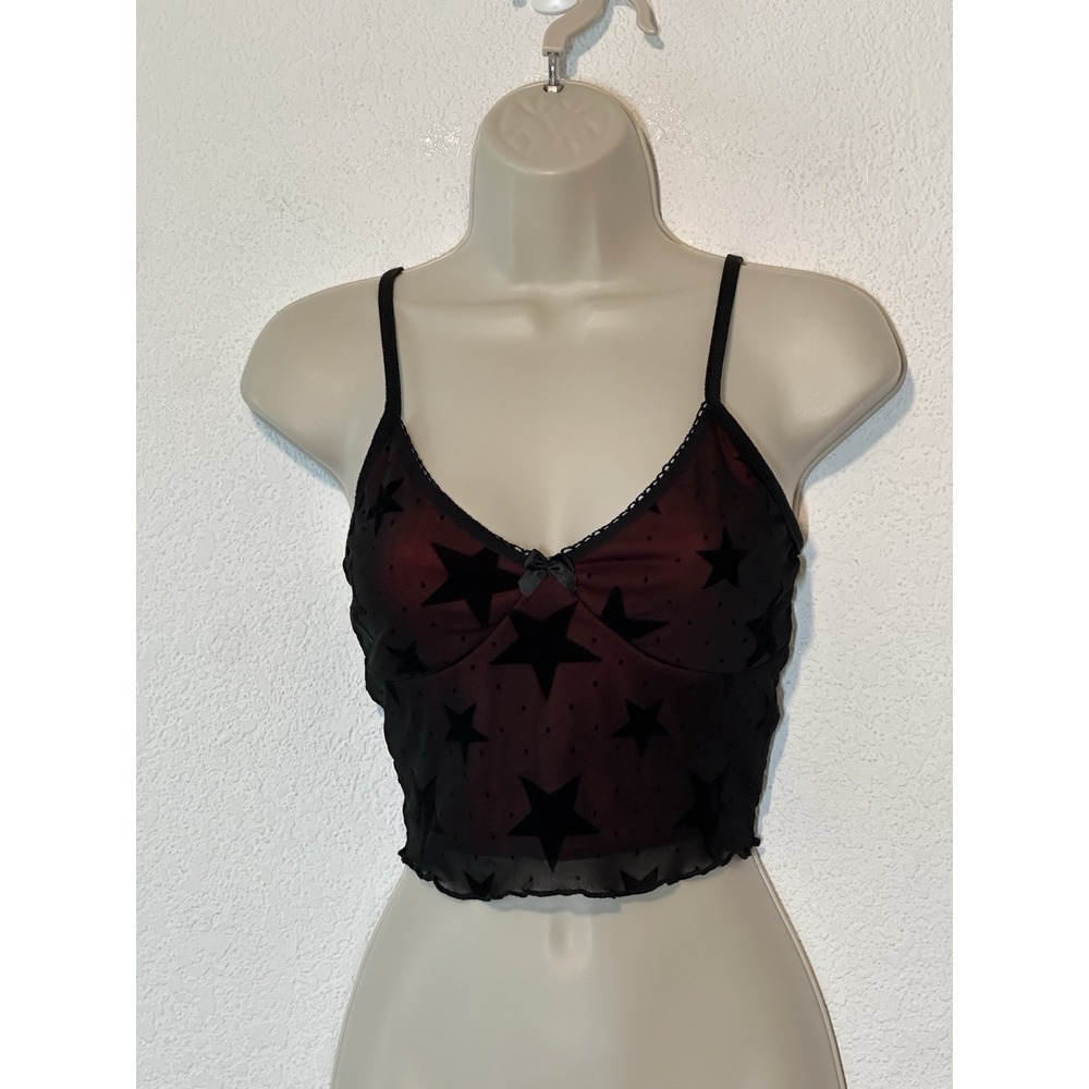 Y2K Tank Top Womens Sz‎ S Black Mesh W/Stars Over Red Witchy Goth Dainty